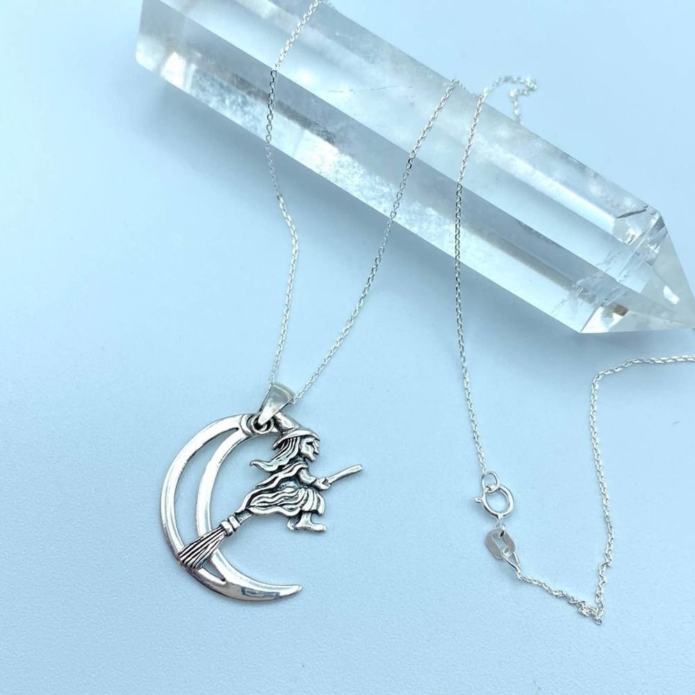 Moving Witch On Broomstick Crescent Moon Sterling Silver Necklace